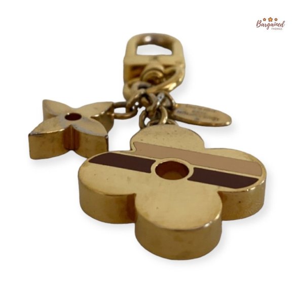 Authentic LOUIS VUITTON Gold Stripes Monogram Flowers Keyring Bag Charm M78610 - Picture 6 of 12